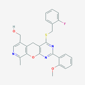 molecular formula C26H22FN3O3S B2398958 (7-{[(2-Fluorophenyl)methyl]sulfanyl}-5-(2-methoxyphenyl)-14-methyl-2-oxa-4,6,13-triazatricyclo[8.4.0.0^{3,8}]tetradeca-1(10),3(8),4,6,11,13-hexaen-11-yl)methanol CAS No. 892418-88-1