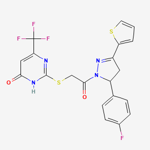 molecular formula C20H14F4N4O2S2 B2399002 2-((2-(5-(4-fluorophenyl)-3-(thiophen-2-yl)-4,5-dihydro-1H-pyrazol-1-yl)-2-oxoethyl)thio)-6-(trifluoromethyl)pyrimidin-4(3H)-one CAS No. 922681-73-0