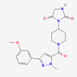 molecular formula C20H23N5O4 B2399072 3-(1-(3-(3-methoxyphenyl)-1-methyl-1H-pyrazole-5-carbonyl)piperidin-4-yl)imidazolidine-2,4-dione CAS No. 2327356-72-7
