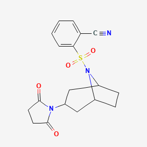 molecular formula C18H19N3O4S B2399125 2-(((1R,5S)-3-(2,5-dioxopyrrolidin-1-yl)-8-azabicyclo[3.2.1]octan-8-yl)sulfonyl)benzonitrile CAS No. 1903544-62-6