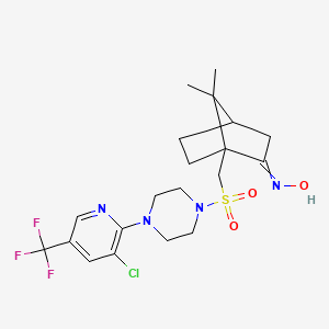 molecular formula C20H26ClF3N4O3S B2399130 N-[1-[[4-[3-Chloro-5-(trifluoromethyl)pyridin-2-yl]piperazin-1-yl]sulfonylmethyl]-7,7-dimethyl-2-bicyclo[2.2.1]heptanylidene]hydroxylamine CAS No. 1025625-73-3