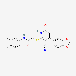 molecular formula C23H21N3O4S B2399160 2-{[4-(1,3-benzodioxol-5-yl)-3-cyano-6-hydroxy-4,5-dihydropyridin-2-yl]sulfanyl}-N-(3,4-dimethylphenyl)acetamide CAS No. 369398-33-4