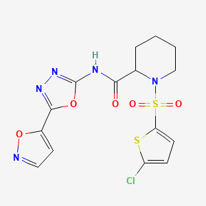 molecular formula C15H14ClN5O5S2 B2399201 1-((5-chlorothiophen-2-yl)sulfonyl)-N-(5-(isoxazol-5-yl)-1,3,4-oxadiazol-2-yl)piperidine-2-carboxamide CAS No. 1048679-69-1