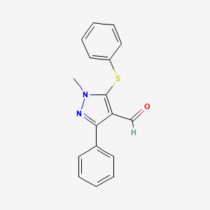 molecular formula C17H14N2OS B2399221 1-methyl-3-phenyl-5-(phenylsulfanyl)-1H-pyrazole-4-carbaldehyde CAS No. 318247-51-7