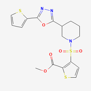 molecular formula C17H17N3O5S3 B2399248 Methyl 3-((3-(5-(thiophen-2-yl)-1,3,4-oxadiazol-2-yl)piperidin-1-yl)sulfonyl)thiophene-2-carboxylate CAS No. 1226449-19-9
