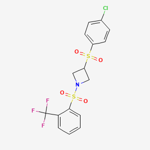 molecular formula C16H13ClF3NO4S2 B2399283 3-((4-Chlorophenyl)sulfonyl)-1-((2-(trifluoromethyl)phenyl)sulfonyl)azetidine CAS No. 1448074-02-9
