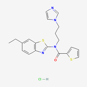 molecular formula C20H21ClN4OS2 B2399306 N-(3-(1H-imidazol-1-yl)propyl)-N-(6-ethylbenzo[d]thiazol-2-yl)thiophene-2-carboxamide hydrochloride CAS No. 1215388-96-7