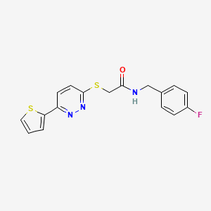 molecular formula C17H14FN3OS2 B2399319 N-(4-氟苄基)-2-[(6-噻吩-2-基嘧啶-3-基)硫代]乙酰胺 CAS No. 872703-96-3