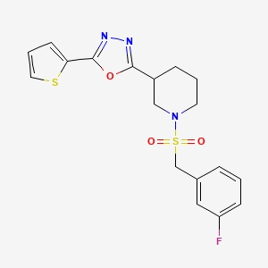 molecular formula C18H18FN3O3S2 B2399334 2-(1-((3-Fluorobenzyl)sulfonyl)piperidin-3-yl)-5-(thiophen-2-yl)-1,3,4-oxadiazole CAS No. 1219842-26-8