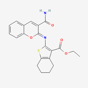molecular formula C21H20N2O4S B2399398 (Z)-ethyl 2-((3-carbamoyl-2H-chromen-2-ylidene)amino)-4,5,6,7-tetrahydrobenzo[b]thiophene-3-carboxylate CAS No. 255867-08-4