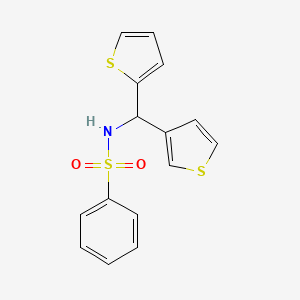 molecular formula C15H13NO2S3 B2399410 N-(thiophen-2-yl(thiophen-3-yl)methyl)benzenesulfonamide CAS No. 2034458-91-6