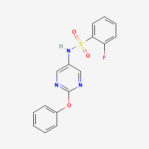 molecular formula C16H12FN3O3S B2399432 2-氟-N-(2-苯氧基嘧啶-5-基)苯磺酰胺 CAS No. 1421509-92-3