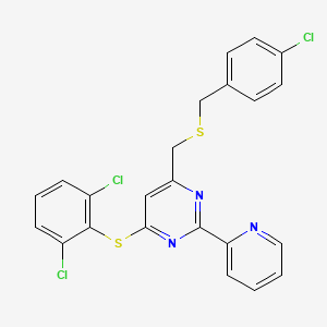 molecular formula C23H16Cl3N3S2 B2399525 4-(((4-Chlorobenzyl)sulfanyl)methyl)-6-((2,6-dichlorophenyl)sulfanyl)-2-(2-pyridinyl)pyrimidine CAS No. 338961-03-8