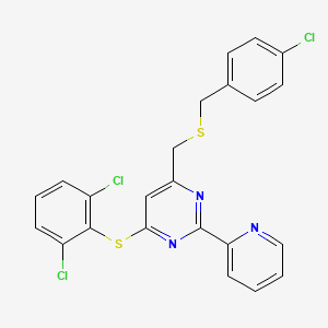 molecular formula C23H16Cl3N3S2 B2399525 4-(((4-氯苄基)硫代)甲基)-6-((2,6-二氯苯基)硫代)-2-(2-吡啶基)嘧啶 CAS No. 338961-03-8