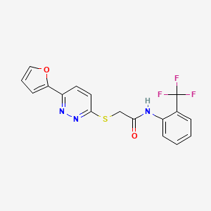 molecular formula C17H12F3N3O2S B2399551 2-[6-(呋喃-2-基)嘧啶-3-基]硫代-N-[2-(三氟甲基)苯基]乙酰胺 CAS No. 872723-46-1