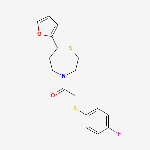 molecular formula C17H18FNO2S2 B2399621 2-((4-Fluorophenyl)thio)-1-(7-(furan-2-yl)-1,4-thiazepan-4-yl)ethanone CAS No. 1795424-11-1