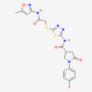 molecular formula C19H17FN6O4S2 B2399761 1-(4-fluorophenyl)-N-(5-((2-((5-methylisoxazol-3-yl)amino)-2-oxoethyl)thio)-1,3,4-thiadiazol-2-yl)-5-oxopyrrolidine-3-carboxamide CAS No. 872595-46-5