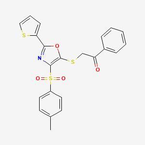 molecular formula C22H17NO4S3 B2399861 1-Phenyl-2-((2-(thiophen-2-yl)-4-tosyloxazol-5-yl)thio)ethanone CAS No. 850927-74-1