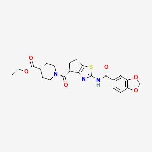 molecular formula C23H25N3O6S B2399870 ethyl 1-(2-(benzo[d][1,3]dioxole-5-carboxamido)-5,6-dihydro-4H-cyclopenta[d]thiazole-4-carbonyl)piperidine-4-carboxylate CAS No. 955758-25-5