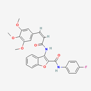 molecular formula C27H23FN2O6 B2399880 (Z)-N-(4-fluorophenyl)-3-(3-(3,4,5-trimethoxyphenyl)acrylamido)benzofuran-2-carboxamide CAS No. 887886-21-7