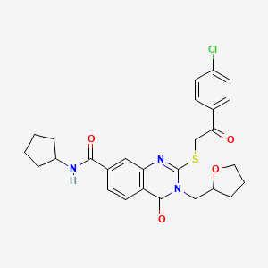 molecular formula C27H28ClN3O4S B2399885 2-((2-(4-chlorophenyl)-2-oxoethyl)thio)-N-cyclopentyl-4-oxo-3-((tetrahydrofuran-2-yl)methyl)-3,4-dihydroquinazoline-7-carboxamide CAS No. 1113140-29-6