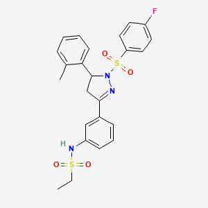 molecular formula C24H24FN3O4S2 B2399910 N-(3-(1-((4-fluorophenyl)sulfonyl)-5-(o-tolyl)-4,5-dihydro-1H-pyrazol-3-yl)phenyl)ethanesulfonamide CAS No. 851783-14-7