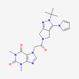 molecular formula C22H26N8O3 B2399920 7-(2-(2-(tert-butyl)-3-(1H-pyrrol-1-yl)pyrrolo[3,4-c]pyrazol-5(2H,4H,6H)-yl)-2-oxoethyl)-1,3-dimethyl-1H-purine-2,6(3H,7H)-dione CAS No. 1251687-54-3