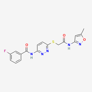 molecular formula C17H14FN5O3S B2400056 3-fluoro-N-(6-((2-((5-methylisoxazol-3-yl)amino)-2-oxoethyl)thio)pyridazin-3-yl)benzamide CAS No. 1021090-57-2