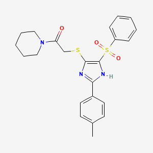 molecular formula C23H25N3O3S2 B2400070 1-({[2-(4-methylphenyl)-4-(phenylsulfonyl)-1H-imidazol-5-yl]thio}acetyl)piperidine CAS No. 950305-09-6
