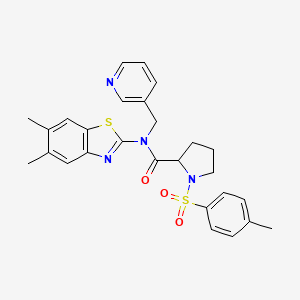 molecular formula C27H28N4O3S2 B2400097 N-(5,6-dimethylbenzo[d]thiazol-2-yl)-N-(pyridin-3-ylmethyl)-1-tosylpyrrolidine-2-carboxamide CAS No. 1049941-89-0