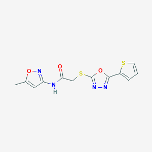 molecular formula C12H10N4O3S2 B2400127 N-(5-methylisoxazol-3-yl)-2-((5-(thiophen-2-yl)-1,3,4-oxadiazol-2-yl)thio)acetamide CAS No. 850937-34-7