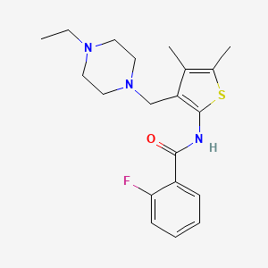 molecular formula C20H26FN3OS B2400136 N-(3-((4-ethylpiperazin-1-yl)methyl)-4,5-dimethylthiophen-2-yl)-2-fluorobenzamide CAS No. 690962-23-3