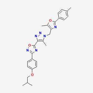 molecular formula C27H28N6O3 B2400137 3-(4-isobutoxyphenyl)-5-(5-methyl-1-((5-methyl-2-(p-tolyl)oxazol-4-yl)methyl)-1H-1,2,3-triazol-4-yl)-1,2,4-oxadiazole CAS No. 1112419-71-2