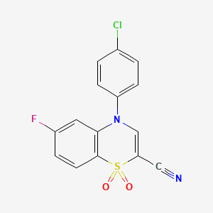 molecular formula C15H8ClFN2O2S B2400189 4-(4-chlorophenyl)-6-fluoro-4H-benzo[b][1,4]thiazine-2-carbonitrile 1,1-dioxide CAS No. 1207026-33-2