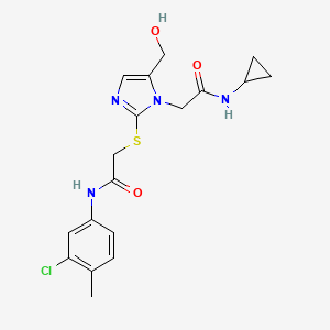 molecular formula C18H21ClN4O3S B2400216 N-(3-chloro-4-methylphenyl)-2-((1-(2-(cyclopropylamino)-2-oxoethyl)-5-(hydroxymethyl)-1H-imidazol-2-yl)thio)acetamide CAS No. 921568-42-5