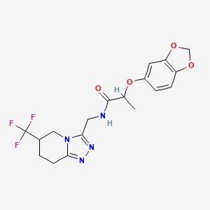 molecular formula C18H19F3N4O4 B2400217 2-(benzo[d][1,3]dioxol-5-yloxy)-N-((6-(trifluoromethyl)-5,6,7,8-tetrahydro-[1,2,4]triazolo[4,3-a]pyridin-3-yl)methyl)propanamide CAS No. 2034556-69-7