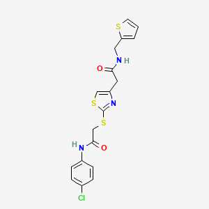 molecular formula C18H16ClN3O2S3 B2400232 N-(4-chlorophenyl)-2-((4-(2-oxo-2-((thiophen-2-ylmethyl)amino)ethyl)thiazol-2-yl)thio)acetamide CAS No. 954075-38-8