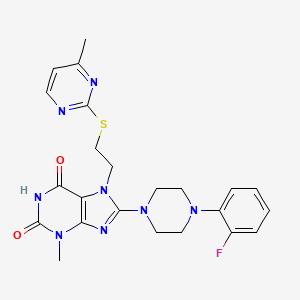 molecular formula C23H25FN8O2S B2400317 8-(4-(2-fluorophenyl)piperazin-1-yl)-3-methyl-7-(2-((4-methylpyrimidin-2-yl)thio)ethyl)-1H-purine-2,6(3H,7H)-dione CAS No. 872623-38-6