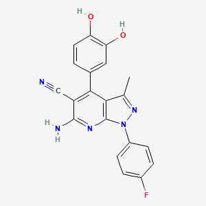 molecular formula C20H14FN5O2 B2400411 6-amino-4-(3,4-dihydroxyphenyl)-1-(4-fluorophenyl)-3-methyl-1H-pyrazolo[3,4-b]pyridine-5-carbonitrile CAS No. 885179-39-5