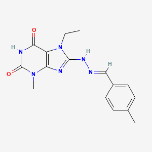 molecular formula C16H18N6O2 B2400442 7-ethyl-3-methyl-8-[(2E)-2-(4-methylbenzylidene)hydrazinyl]-3,7-dihydro-1H-purine-2,6-dione CAS No. 850747-52-3