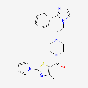 molecular formula C24H26N6OS B2400584 (4-methyl-2-(1H-pyrrol-1-yl)thiazol-5-yl)(4-(2-(2-phenyl-1H-imidazol-1-yl)ethyl)piperazin-1-yl)methanone CAS No. 1797537-55-3