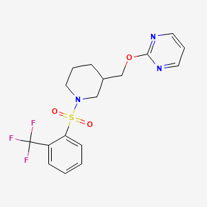 molecular formula C17H18F3N3O3S B2400786 2-[[1-[2-(Trifluoromethyl)phenyl]sulfonylpiperidin-3-yl]methoxy]pyrimidine CAS No. 2380033-80-5