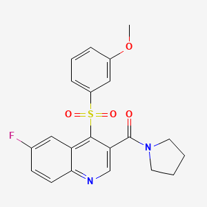 molecular formula C21H19FN2O4S B2400860 6-Fluoro-4-[(3-methoxyphenyl)sulfonyl]-3-(pyrrolidin-1-ylcarbonyl)quinoline CAS No. 1111031-84-5