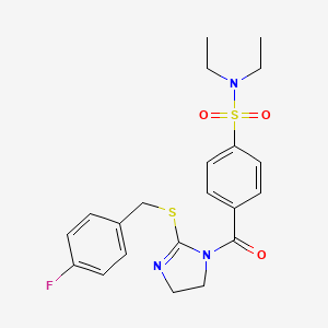 molecular formula C21H24FN3O3S2 B2400971 N,N-diethyl-4-[2-[(4-fluorophenyl)methylsulfanyl]-4,5-dihydroimidazole-1-carbonyl]benzenesulfonamide CAS No. 851800-24-3