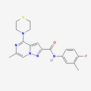 molecular formula C19H20FN5OS B2400988 N-(4-fluoro-3-methylphenyl)-6-methyl-4-(1,4-thiazinan-4-yl)pyrazolo[1,5-a]pyrazine-2-carboxamide CAS No. 1775441-53-6