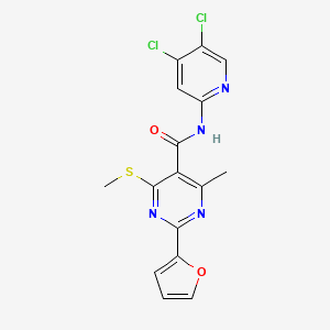 molecular formula C16H12Cl2N4O2S B2401012 N-(4,5-dichloropyridin-2-yl)-2-(furan-2-yl)-4-methyl-6-(methylsulfanyl)pyrimidine-5-carboxamide CAS No. 1797581-17-9