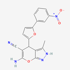molecular formula C18H13N5O4 B2401014 6-Amino-3-methyl-4-(5-(3-nitrophenyl)furan-2-yl)-1,4-dihydropyrano[2,3-c]pyrazole-5-carbonitrile CAS No. 609335-65-1