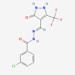 molecular formula C12H8ClF3N4O2 B2401027 3-氯-N'-{[5-氧代-3-(三氟甲基)-4,5-二氢-1H-吡唑-4-亚烷基]甲基}苯甲酰肼 CAS No. 338975-57-8