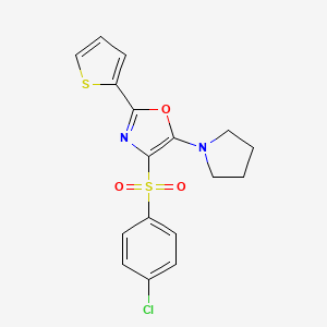 molecular formula C17H15ClN2O3S2 B2401037 4-(4-Chlorophenyl)sulfonyl-5-pyrrolidin-1-yl-2-thiophen-2-yl-1,3-oxazole CAS No. 627834-63-3