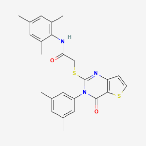 molecular formula C25H25N3O2S2 B2401059 2-{[3-(3,5-dimethylphenyl)-4-oxo-3,4-dihydrothieno[3,2-d]pyrimidin-2-yl]sulfanyl}-N-(2,4,6-trimethylphenyl)acetamide CAS No. 1261016-26-5